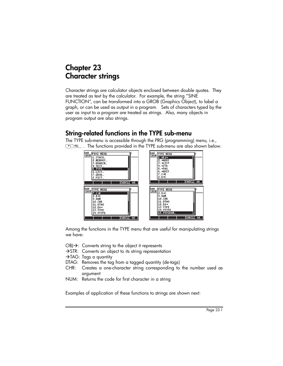Chapter 23 character strings, String-related functions in the type sub-menu, Chapter 23 - charactor strings ,23-1 | HP 50g Graphing Calculator User Manual | Page 757 / 887
