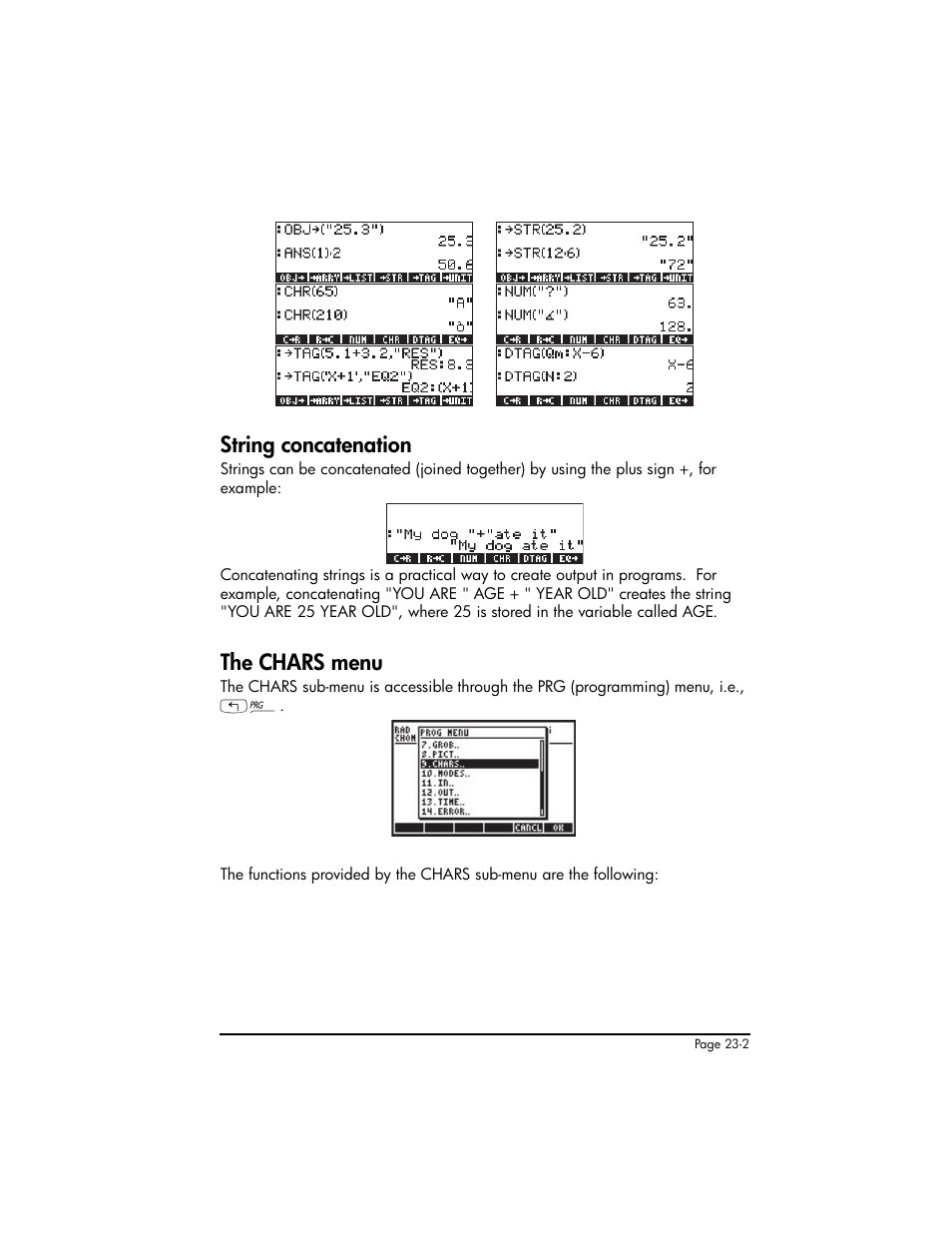 String concatenation, The chars menu, String concatenation ,23-2 the chars menu ,23-2 | HP 50g Graphing Calculator User Manual | Page 758 / 887