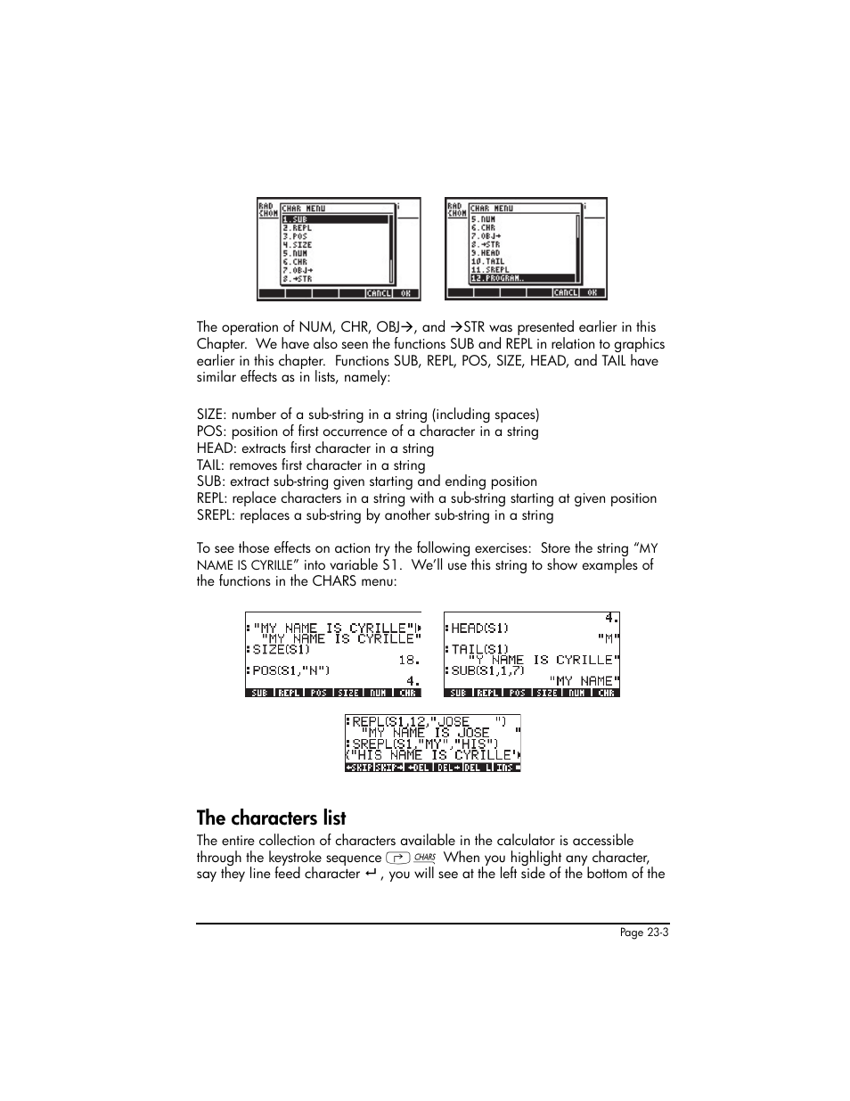The characters list, The characters list ,23-3 | HP 50g Graphing Calculator User Manual | Page 759 / 887