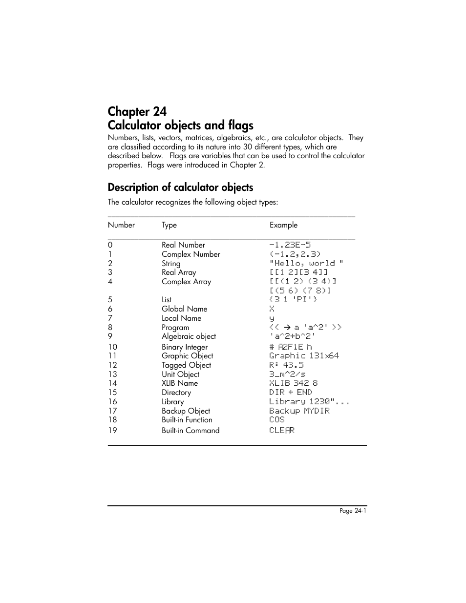 Chapter 24 calculator objects and flags, Description of calculator objects, Chapter 24 - calculator objects and flags ,24-1 | Description of calculator objects ,24-1 | HP 50g Graphing Calculator User Manual | Page 761 / 887