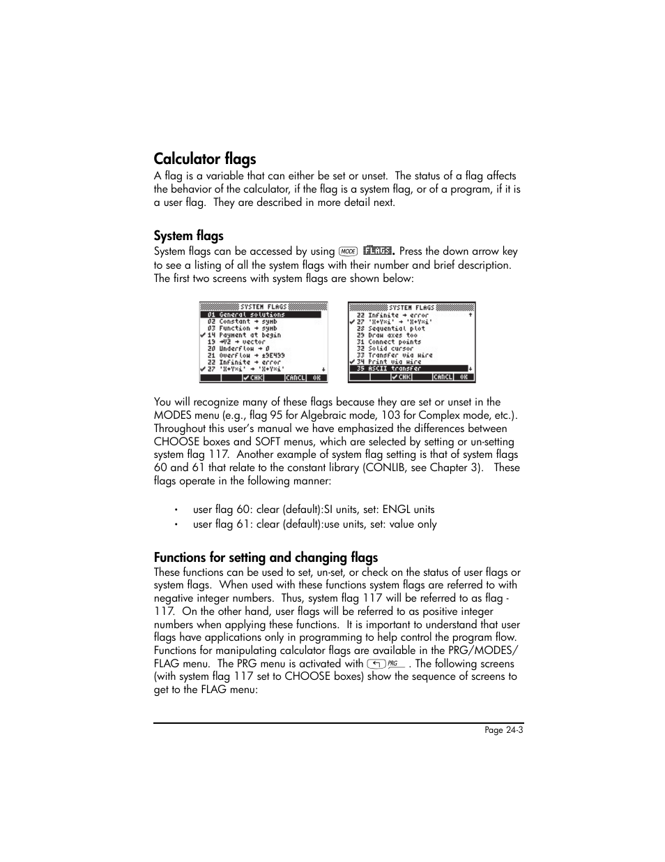 Calculator flags, System flags, Functions for setting and changing flags | Calculator flags ,24-3 | HP 50g Graphing Calculator User Manual | Page 763 / 887