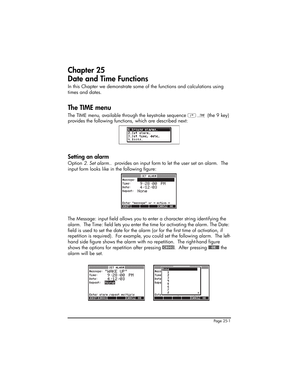 Chapter 25 date and time functions, The time menu, Setting an alarm | Chapter 25 - date and time functions ,25-1, The time menu ,25-1, Setting an alarm ,25-1 | HP 50g Graphing Calculator User Manual | Page 765 / 887