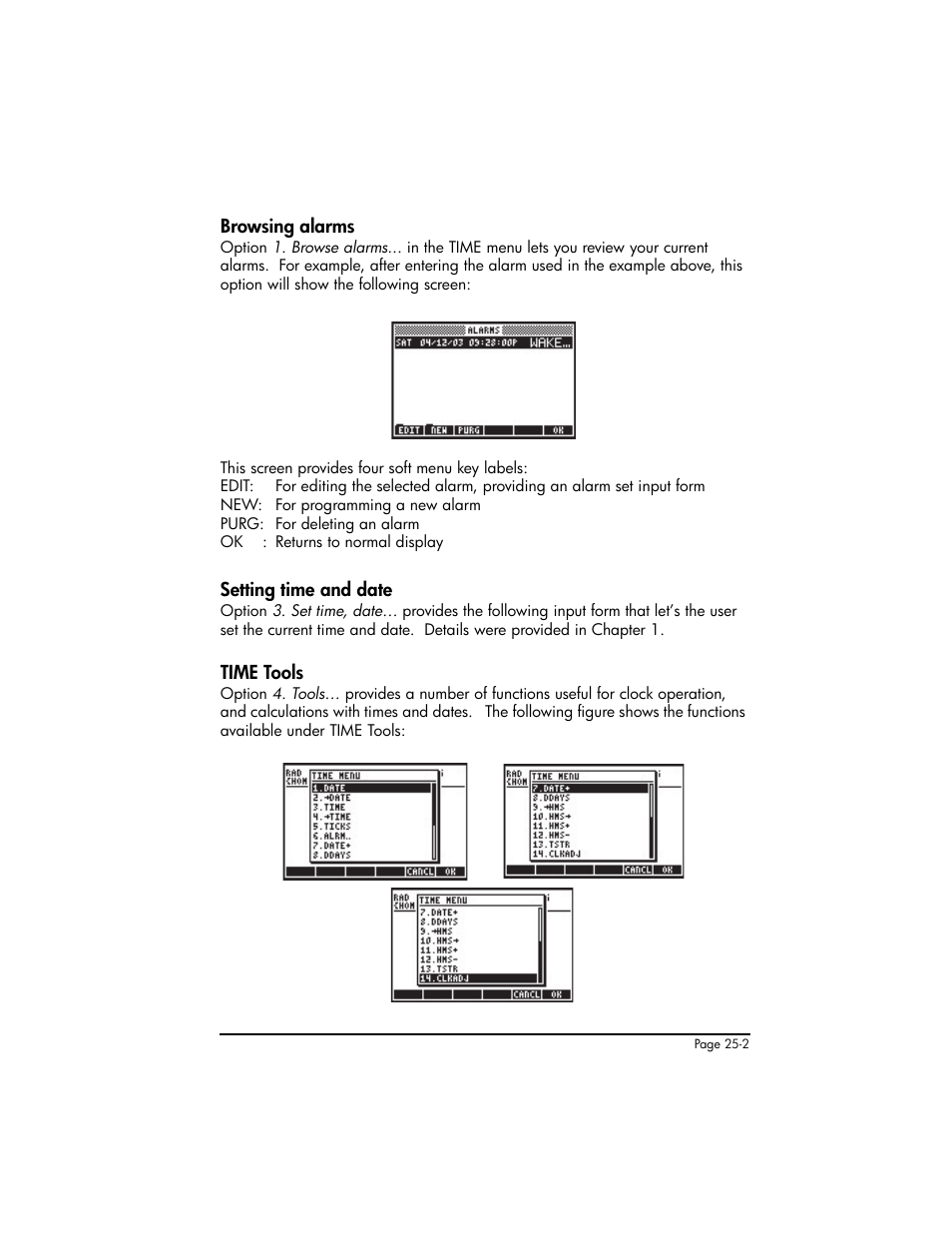 Browsing alarms, Setting time and date, Time tools | HP 50g Graphing Calculator User Manual | Page 766 / 887