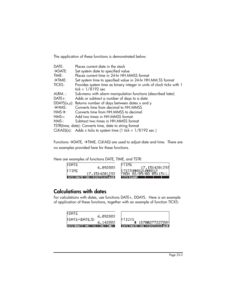 Calculations with dates, Calculations with dates ,25-3 | HP 50g Graphing Calculator User Manual | Page 767 / 887