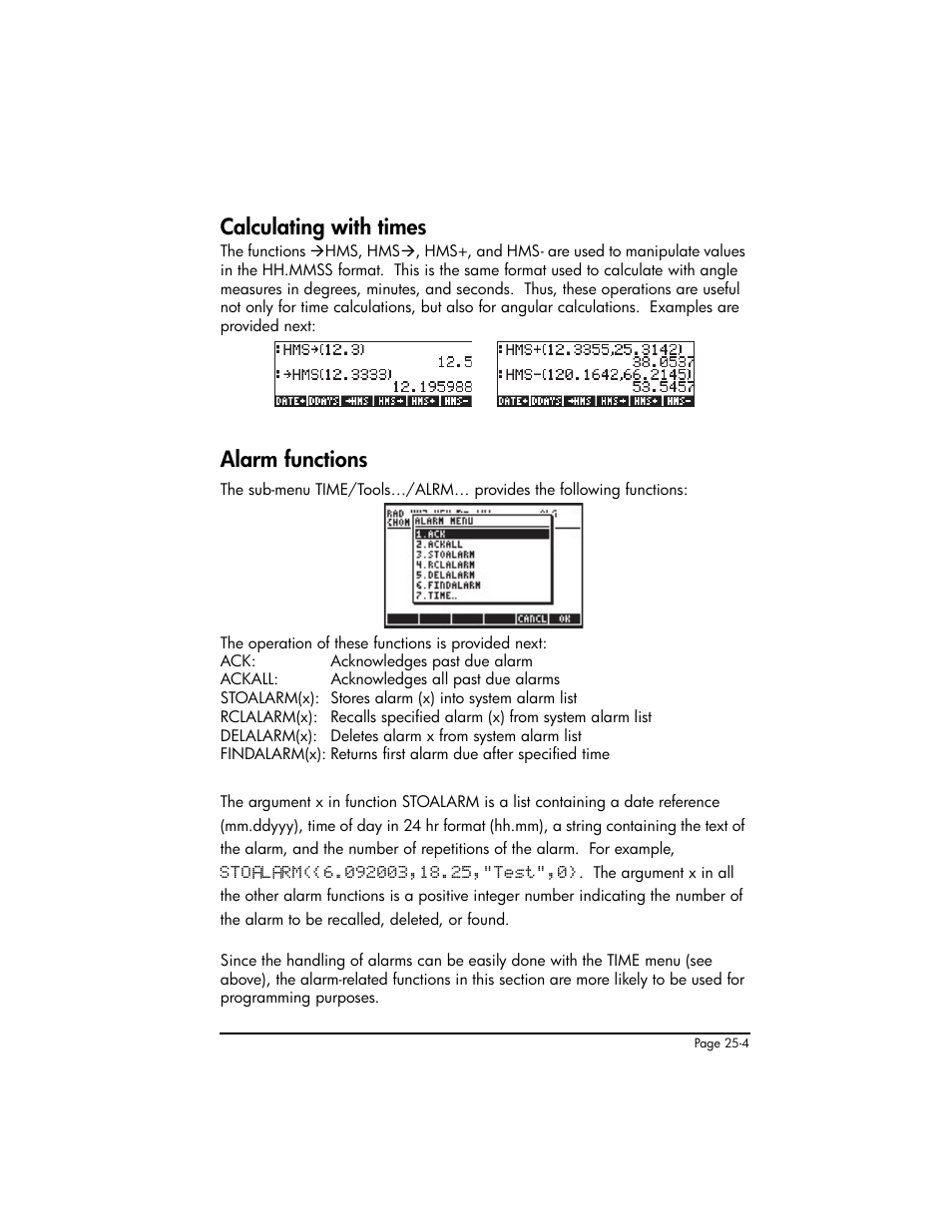 Calculating with times, Alarm functions, Calculating with times ,25-4 alarm functions ,25-4 | HP 50g Graphing Calculator User Manual | Page 768 / 887