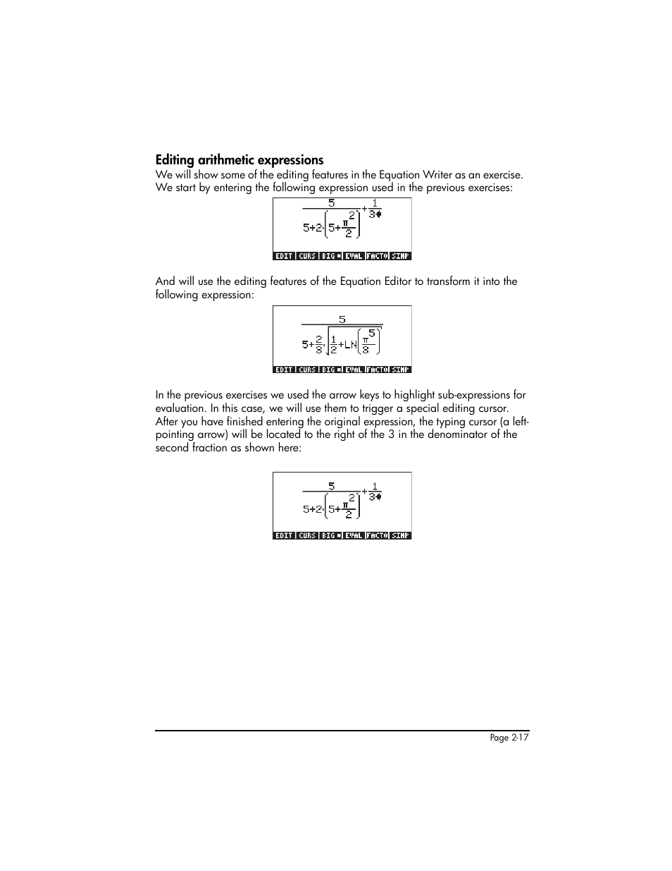 Editing arithmetic expressions, Editing arithmetic expressions ,2-17 | HP 50g Graphing Calculator User Manual | Page 77 / 887