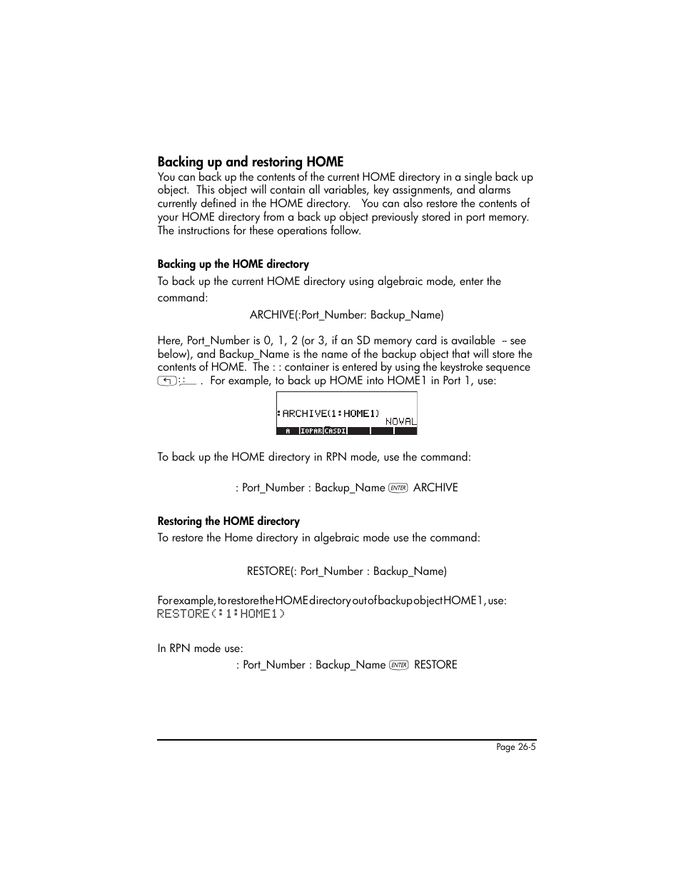 Backing up and restoring home, Backing up and restoring home ,26-5 | HP 50g Graphing Calculator User Manual | Page 773 / 887