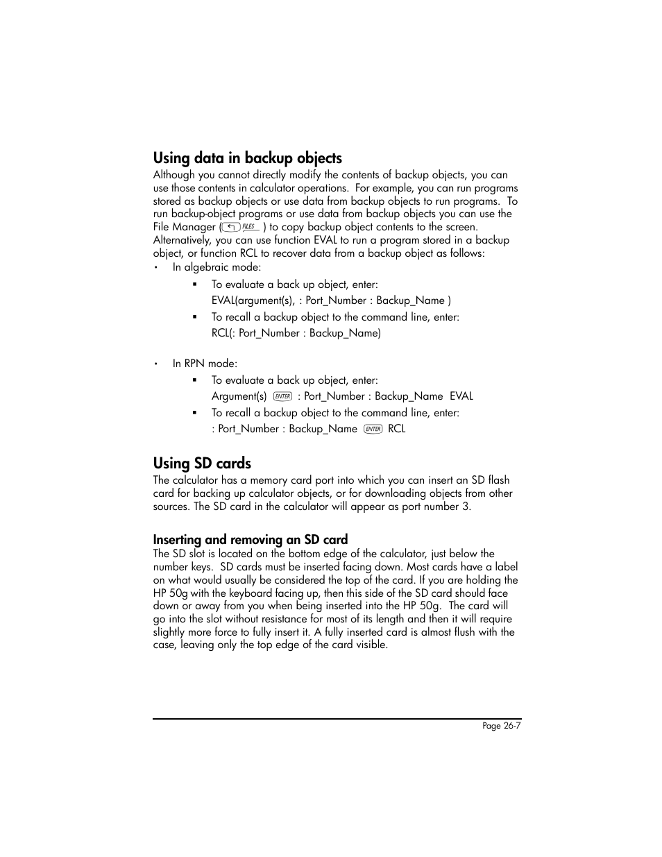 Using data in backup objects, Using sd cards, Inserting and removing an sd card | Inserting and removing an sd card ,26-7 | HP 50g Graphing Calculator User Manual | Page 775 / 887