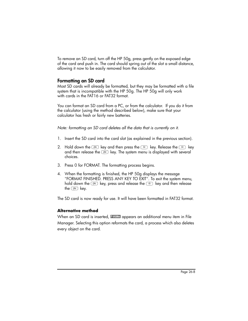 Formatting an sd card, Formatting an sd card ,26-8 | HP 50g Graphing Calculator User Manual | Page 776 / 887