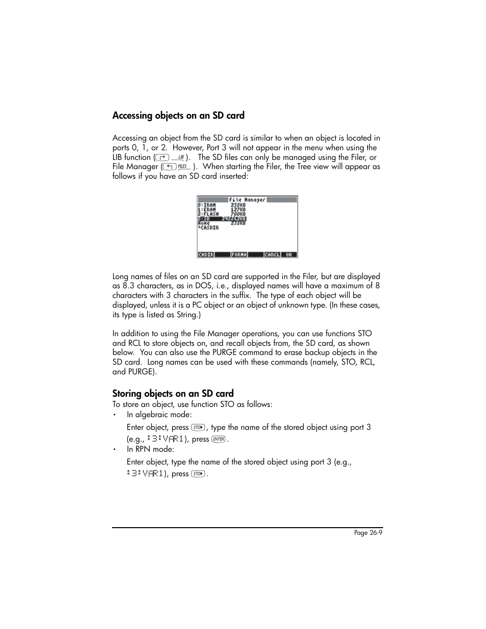 Accessing objects on an sd card, Storing objects on an sd card, Accessing objects on an sd card ,26-9 | Storing objects on an sd card ,26-9 | HP 50g Graphing Calculator User Manual | Page 777 / 887
