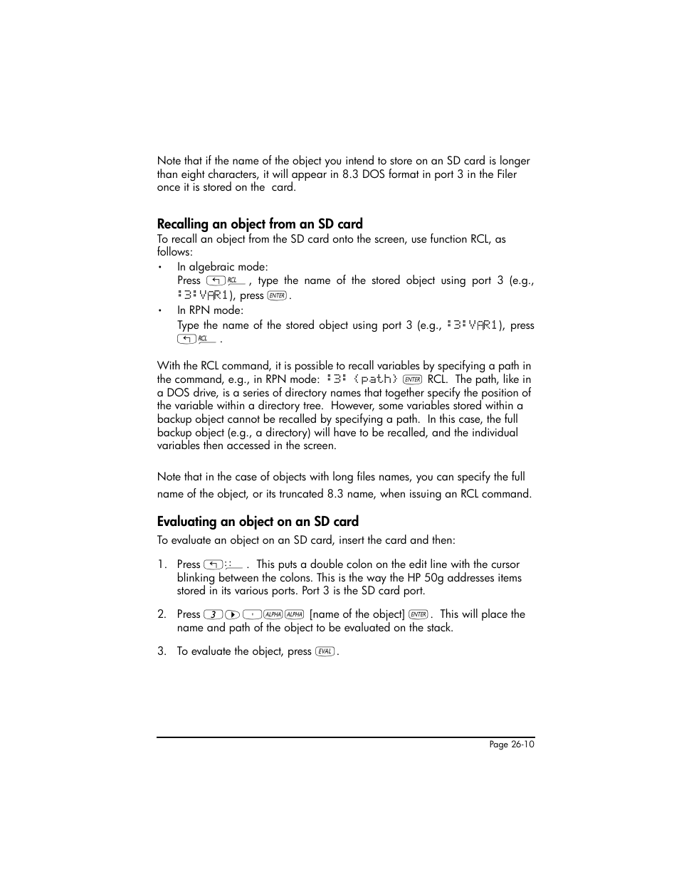Recalling an object from an sd card, Evaluating an object on an sd card | HP 50g Graphing Calculator User Manual | Page 778 / 887