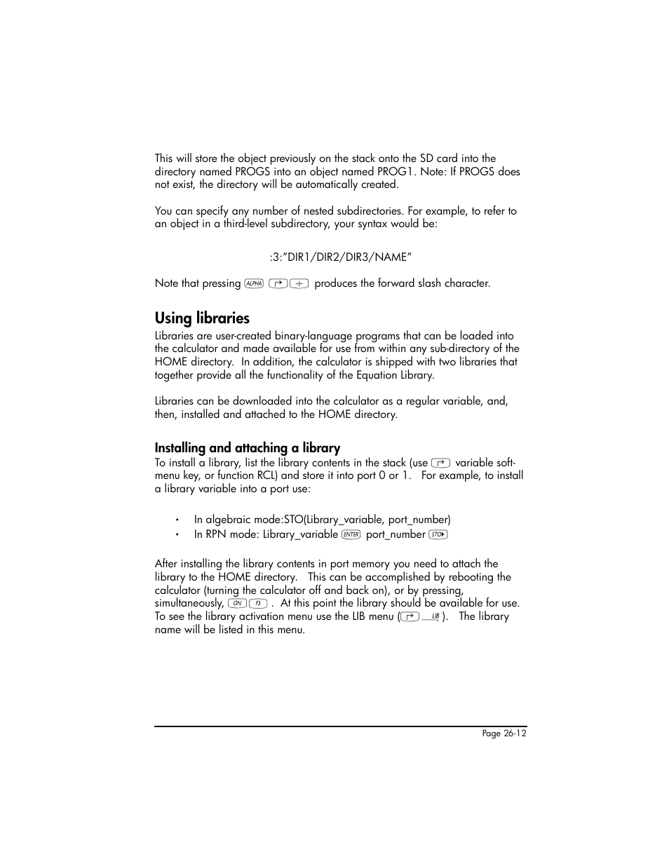 Using libraries, Installing and attaching a library, Using libraries ,26-12 | Installing and attaching a library ,26-12 | HP 50g Graphing Calculator User Manual | Page 780 / 887