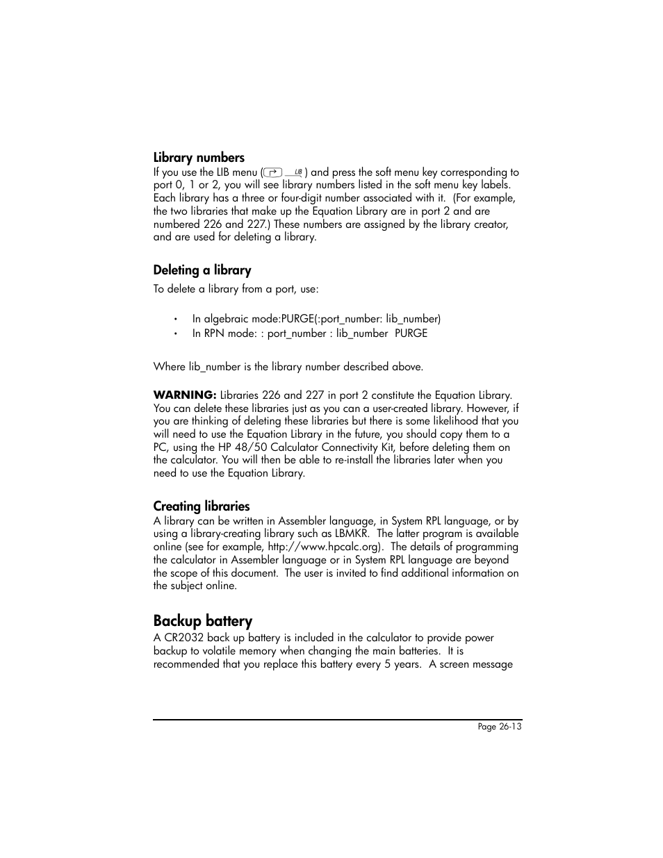 Library numbers, Deleting a library, Creating libraries | Backup battery, Backup battery ,26-13 | HP 50g Graphing Calculator User Manual | Page 781 / 887