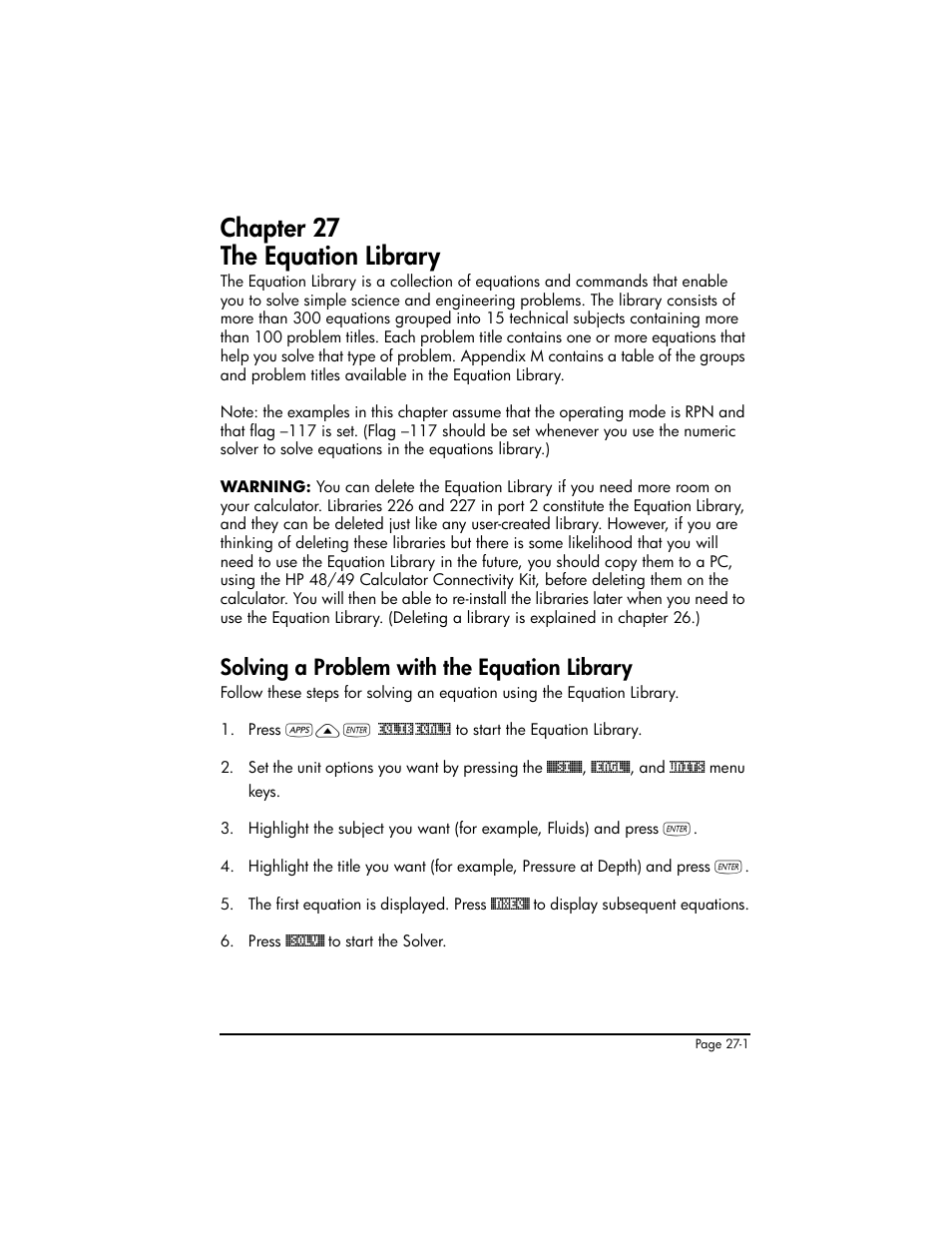 Chapter 27 the equation library, Solving a problem with the equation library, Chapter 27 - the equation library ,27-1 | Solving a problem with the equation library ,27-1 | HP 50g Graphing Calculator User Manual | Page 783 / 887