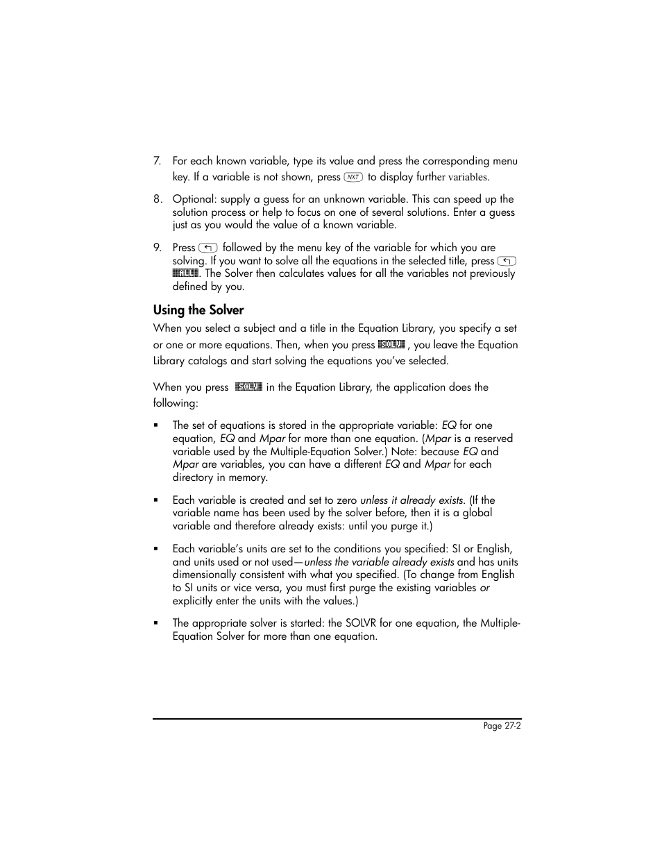 Using the solver, Using the solver ,27-2 | HP 50g Graphing Calculator User Manual | Page 784 / 887