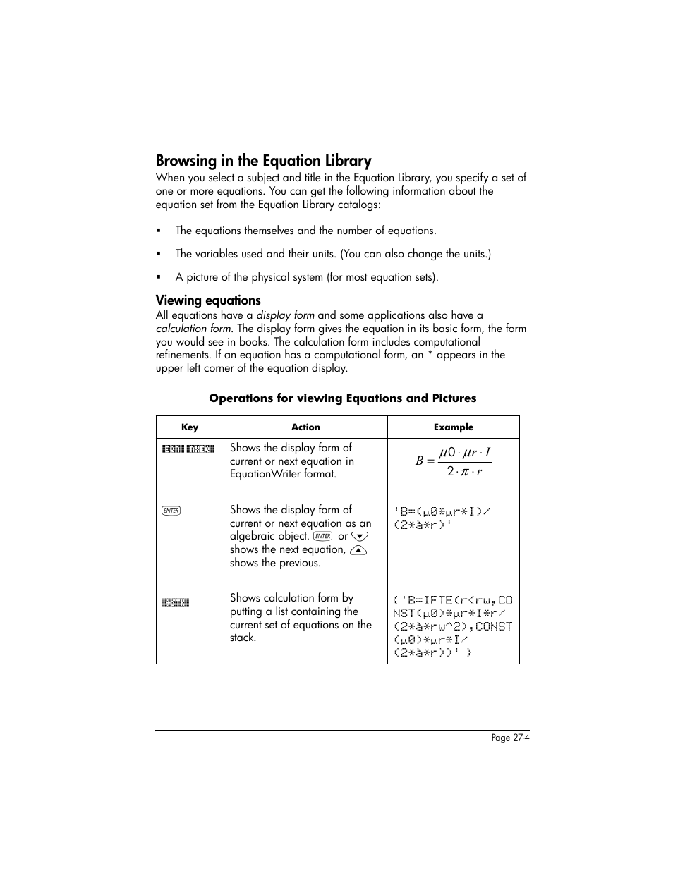 Browsing in the equation library, Viewing equations, Browsing in the equation library ,27-4 | Viewing equations ,27-4 | HP 50g Graphing Calculator User Manual | Page 786 / 887