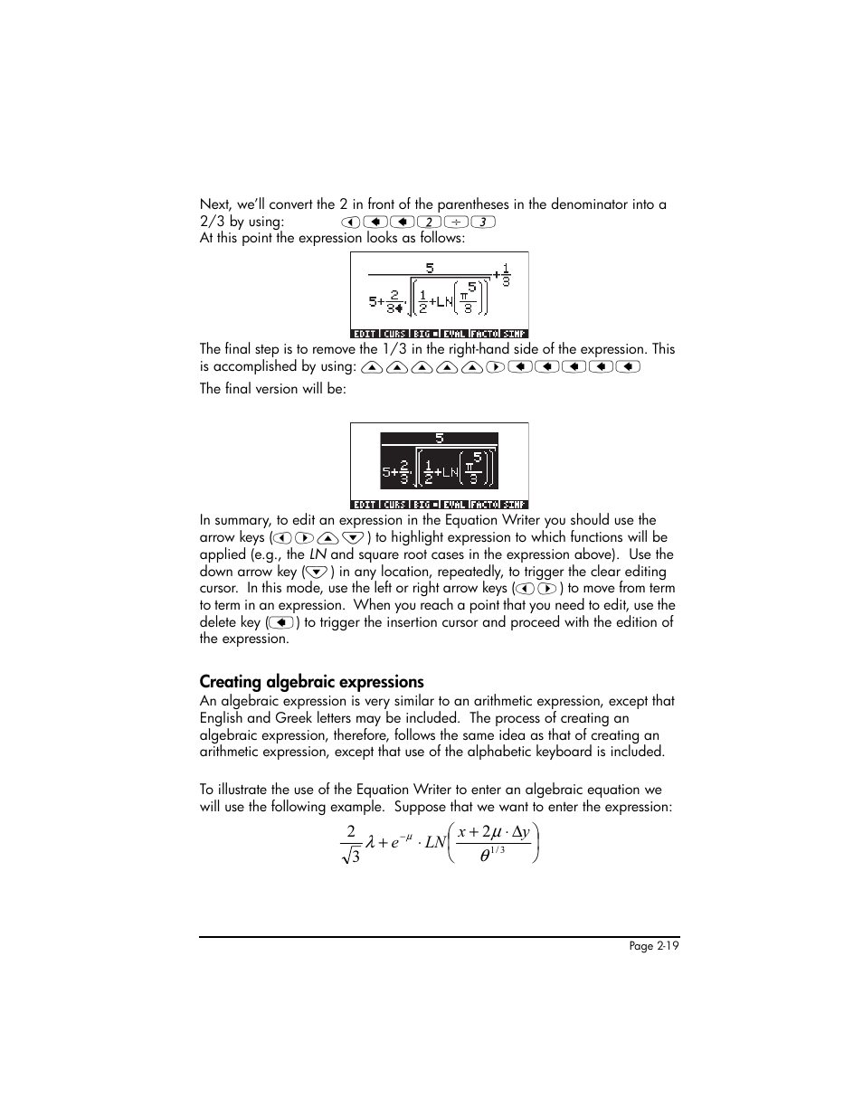 Creating algebraic expressions, Creating algebraic expressions ,2-19 | HP 50g Graphing Calculator User Manual | Page 79 / 887