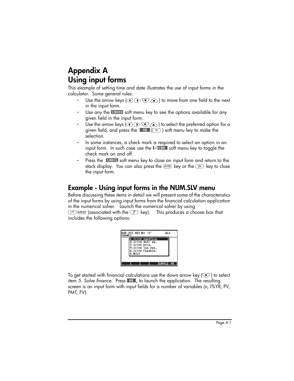 Appendix a using input forms, Appendix a - using input forms ,a-1, Example - using input forms in the num.slv menu | HP 50g Graphing Calculator User Manual | Page 795 / 887