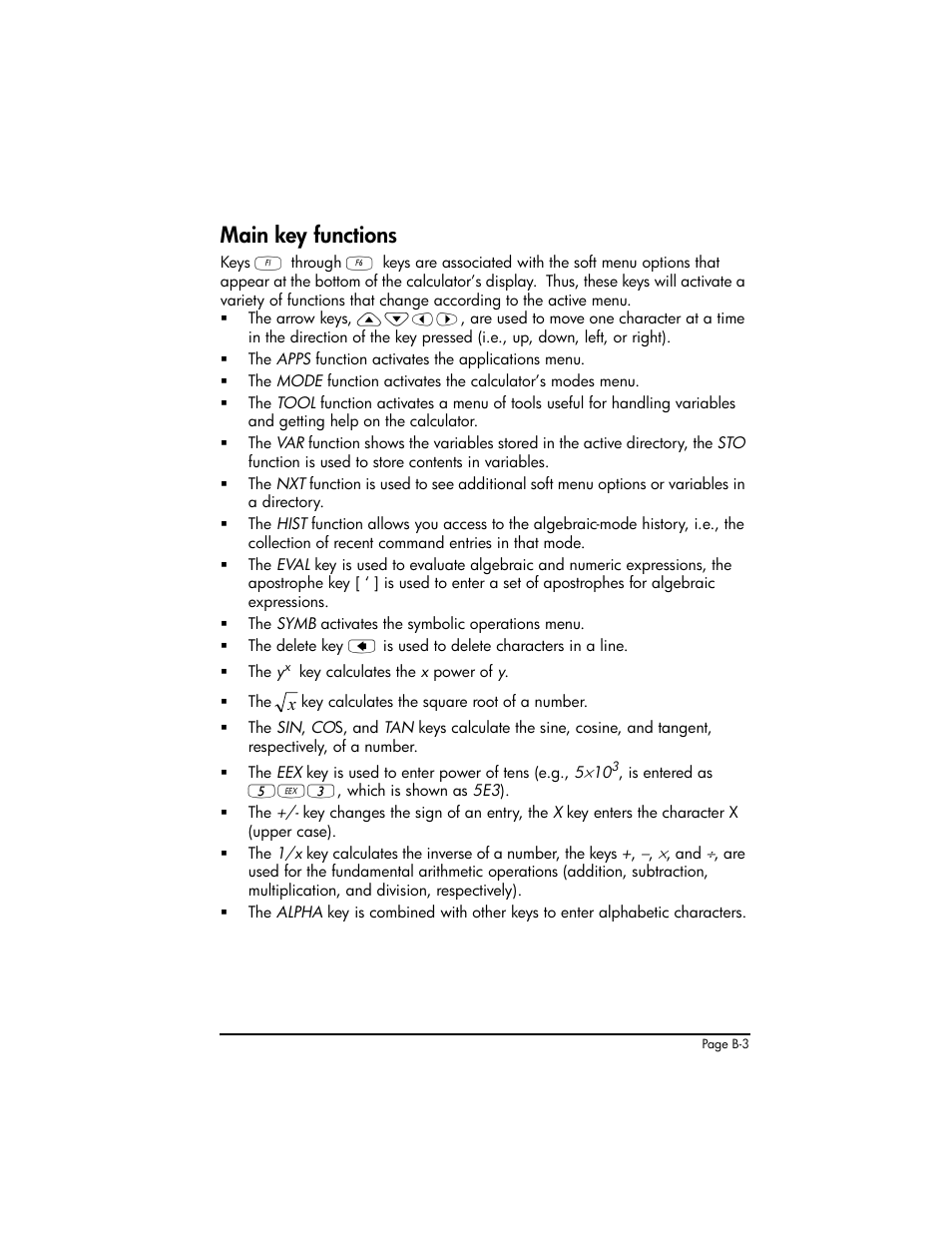 Main key functions | HP 50g Graphing Calculator User Manual | Page 801 / 887