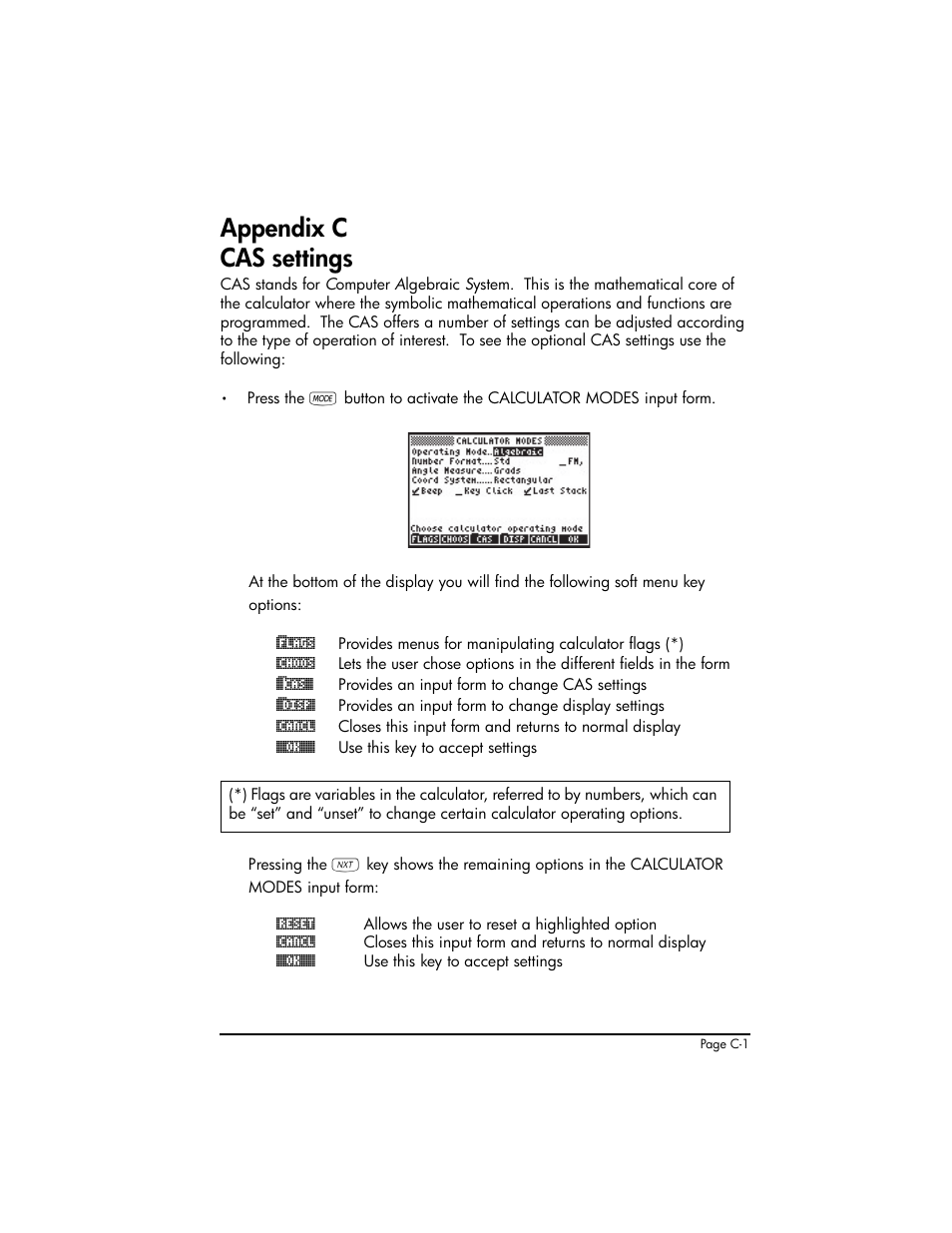 Appendix c cas settings, Appendix c - cas settings ,c-1 | HP 50g Graphing Calculator User Manual | Page 812 / 887