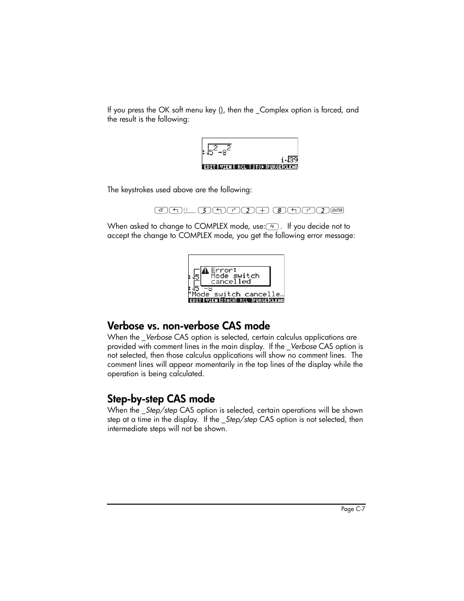 Verbose vs. non-verbose cas mode, Step-by-step cas mode | HP 50g Graphing Calculator User Manual | Page 818 / 887