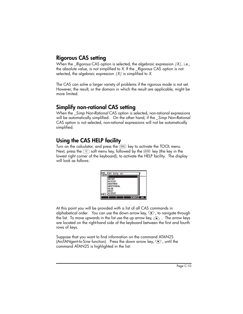 Rigorous cas setting, Simplify non-rational cas setting, Using the cas help facility | HP 50g Graphing Calculator User Manual | Page 821 / 887