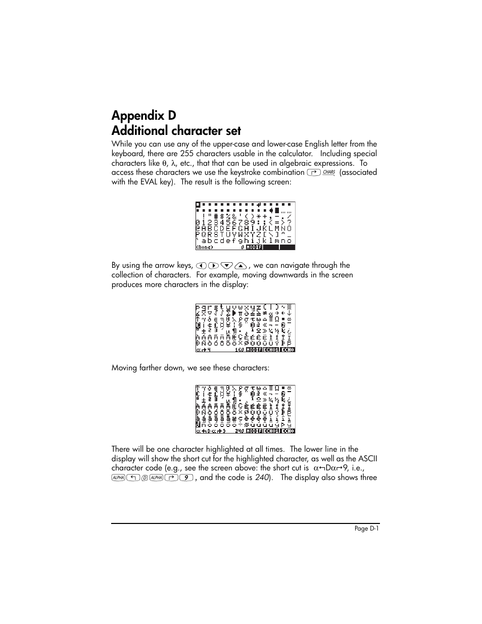 Appendix d additional character set, Appendix d - additional character set ,d-1 | HP 50g Graphing Calculator User Manual | Page 826 / 887