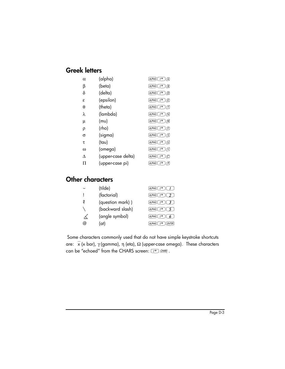 Greek letters, Other characters | HP 50g Graphing Calculator User Manual | Page 828 / 887