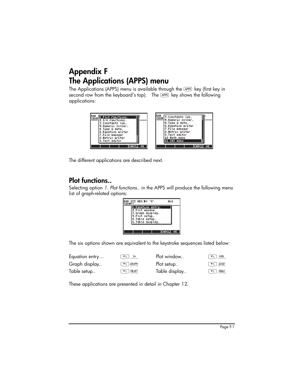 Appendix f the applications (apps) menu, Appendix f - the applications (apps) menu ,f-1, Plot functions | HP 50g Graphing Calculator User Manual | Page 833 / 887
