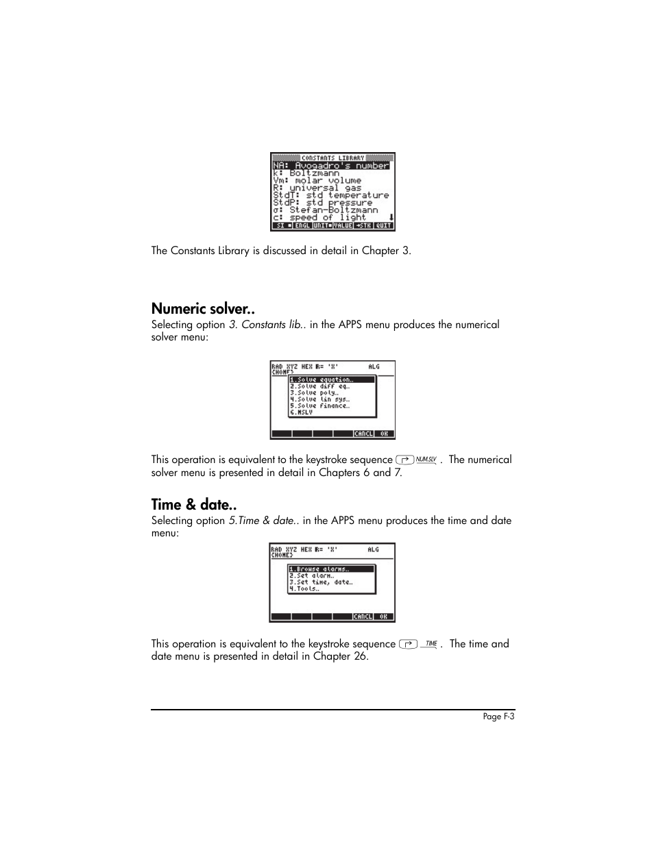 Numeric solver, Time & date | HP 50g Graphing Calculator User Manual | Page 835 / 887