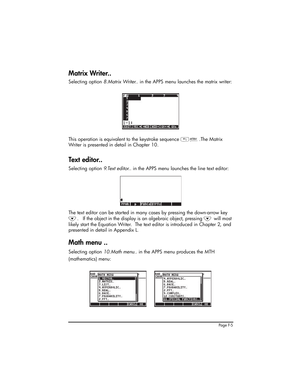 Matrix writer, Text editor, Math menu | HP 50g Graphing Calculator User Manual | Page 837 / 887