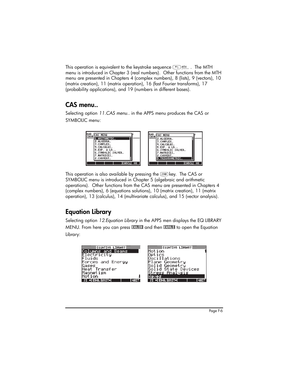 Cas menu, Equation library | HP 50g Graphing Calculator User Manual | Page 838 / 887