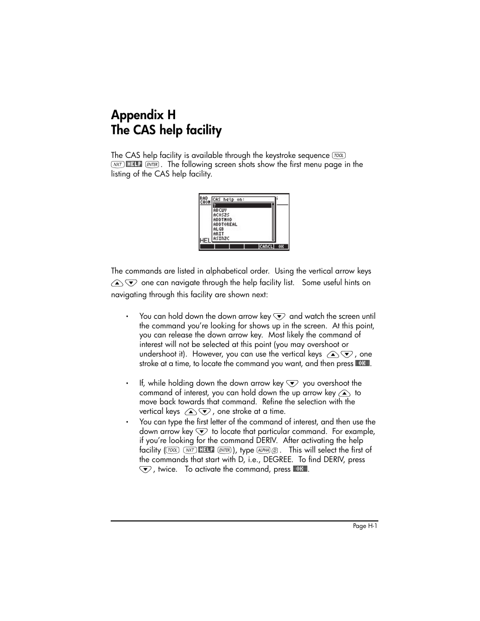 Appendix h the cas help facility, Appendix h - the cas help facility ,h-1 | HP 50g Graphing Calculator User Manual | Page 843 / 887