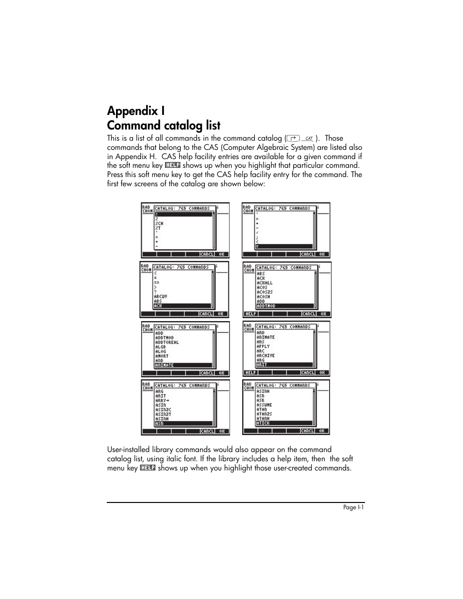 Appendix i command catalog list, Appendix i - command catalog list ,i-1 | HP 50g Graphing Calculator User Manual | Page 845 / 887