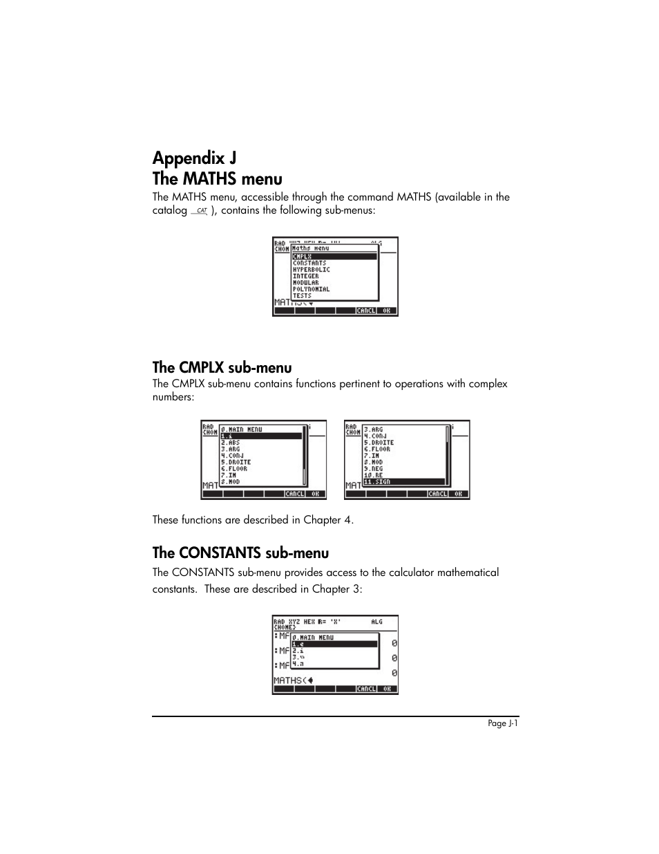 Appendix j the maths menu, Appendix j - maths menu ,j-1, The cmplx sub-menu | The constants sub-menu | HP 50g Graphing Calculator User Manual | Page 846 / 887