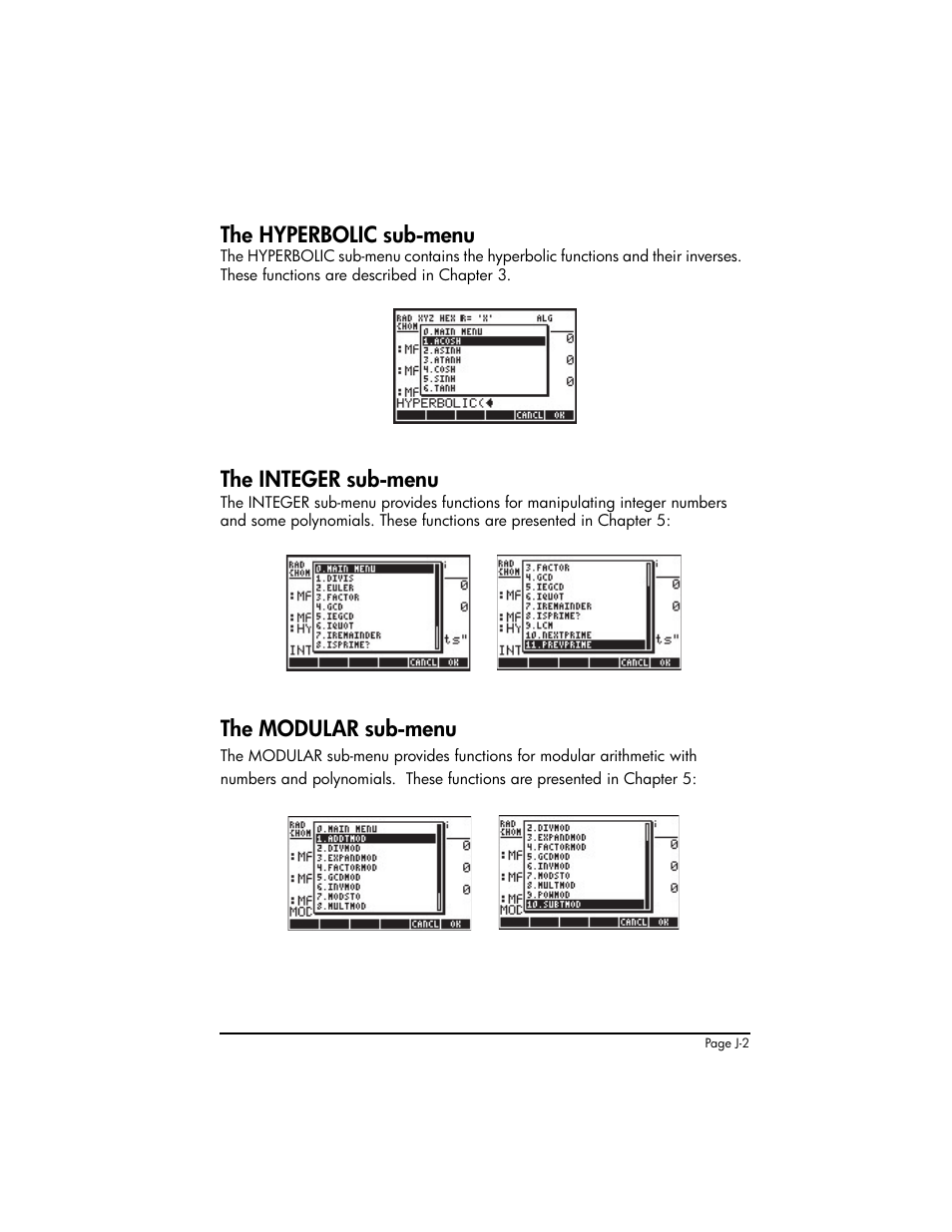 The hyperbolic sub-menu, The integer sub-menu, The modular sub-menu | HP 50g Graphing Calculator User Manual | Page 847 / 887