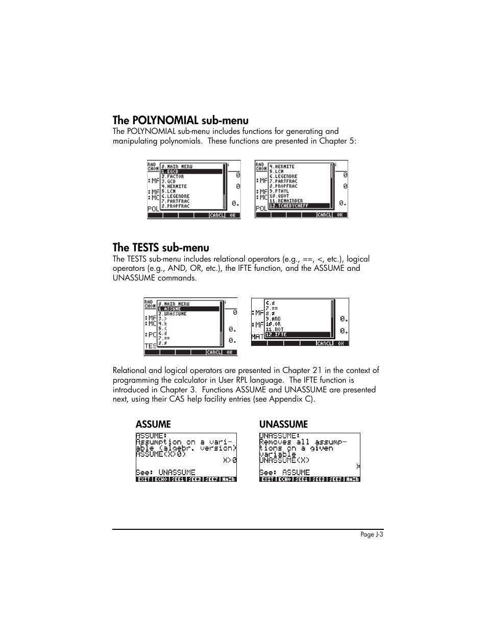 The polynomial sub-menu, The tests sub-menu | HP 50g Graphing Calculator User Manual | Page 848 / 887