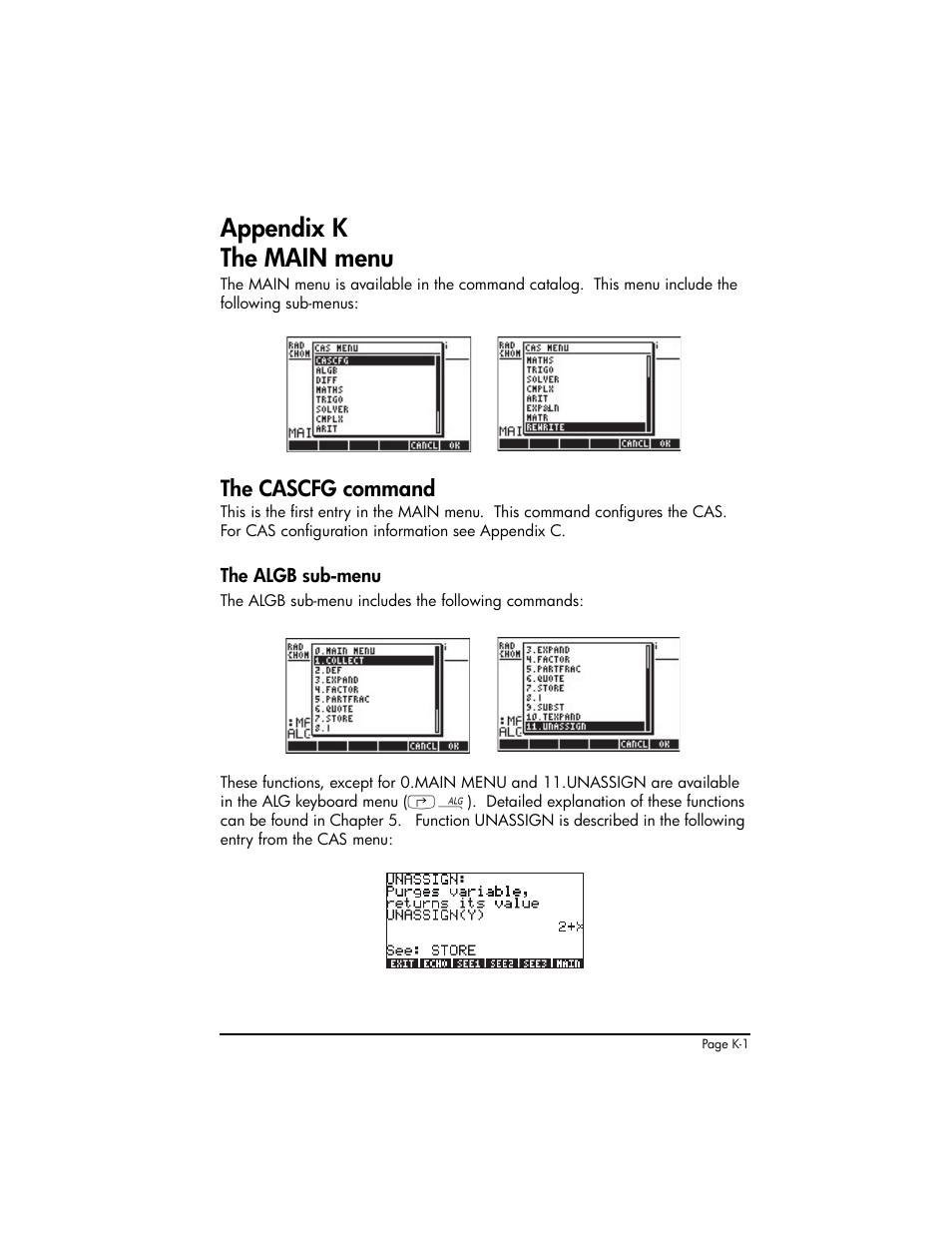 Appendix k the main menu, Appendix k - main menu ,k-1, The cascfg command | HP 50g Graphing Calculator User Manual | Page 849 / 887
