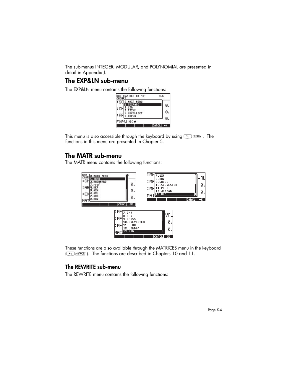 The exp&ln sub-menu, The matr sub-menu | HP 50g Graphing Calculator User Manual | Page 852 / 887