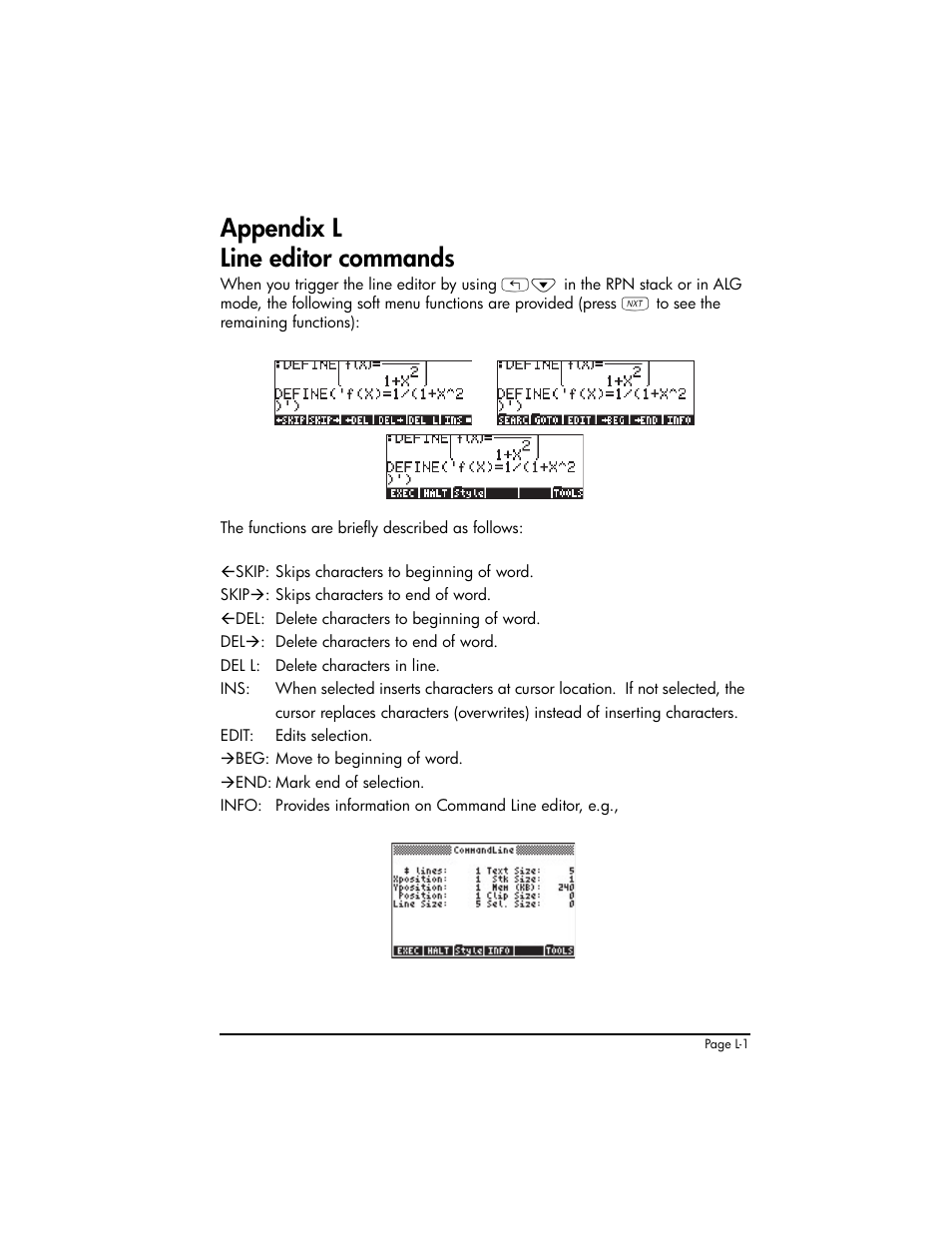 Appendix l line editor commands, Appendix l - line editor commands ,l-1 | HP 50g Graphing Calculator User Manual | Page 854 / 887
