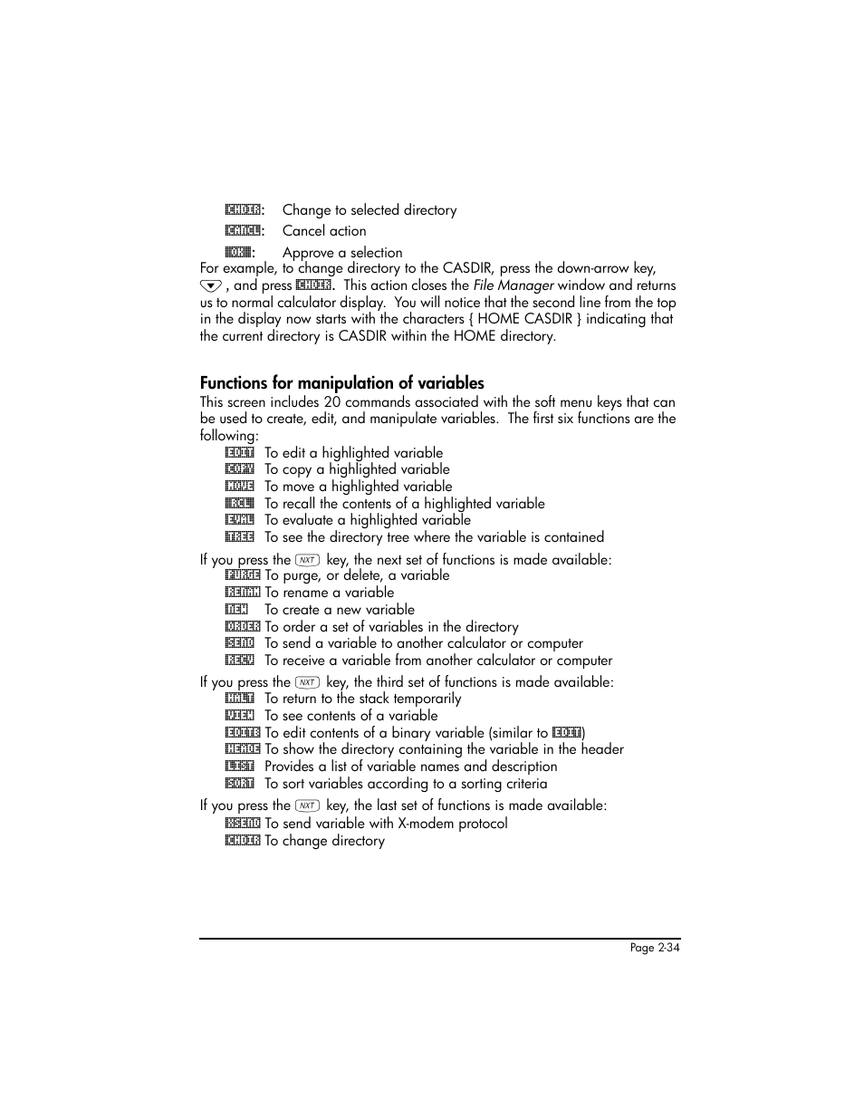Functions for manipulation of variables, Functions for manipulation of variables ,2-34 | HP 50g Graphing Calculator User Manual | Page 94 / 887