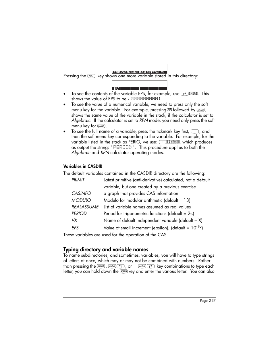 Typing directory and variable names, Typing directory and variable names ,2-37 | HP 50g Graphing Calculator User Manual | Page 97 / 887