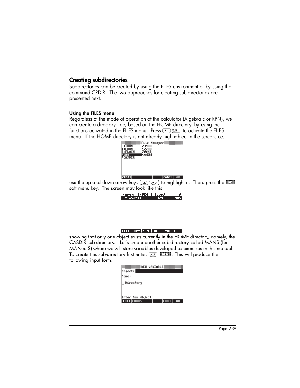 Creating subdirectories, Creating subdirectories ,2-39 | HP 50g Graphing Calculator User Manual | Page 99 / 887