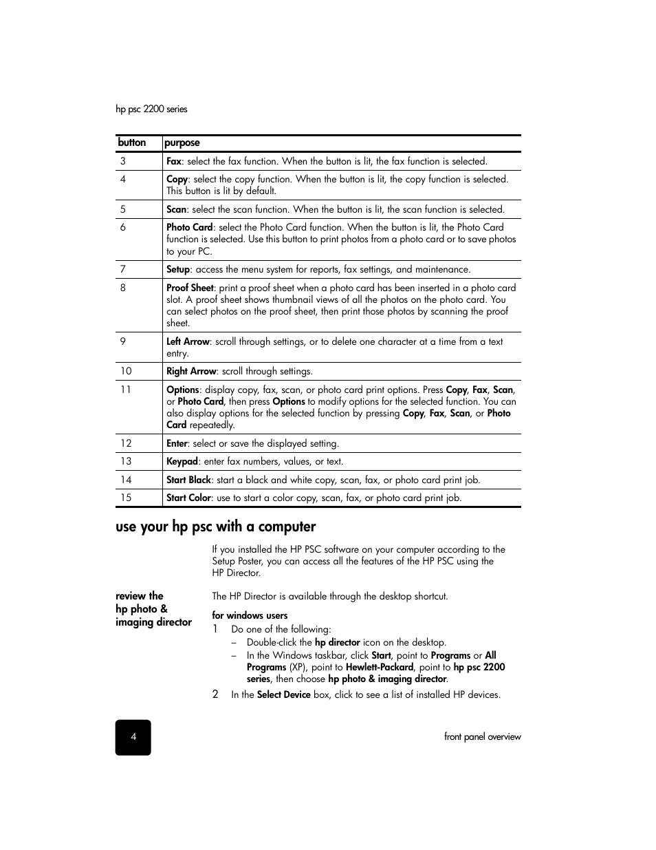 Use your hppsc with a computer, Review the hpphoto & imaging director, Use your hp psc with a computer | HP PSC 2210xi All-in-One Printer User Manual | Page 10 / 96