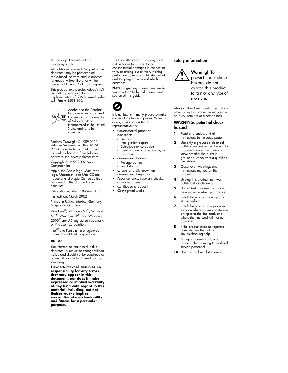 Notice, Safety information, Warning: potential shock hazard | HP PSC 2210xi All-in-One Printer User Manual | Page 2 / 96