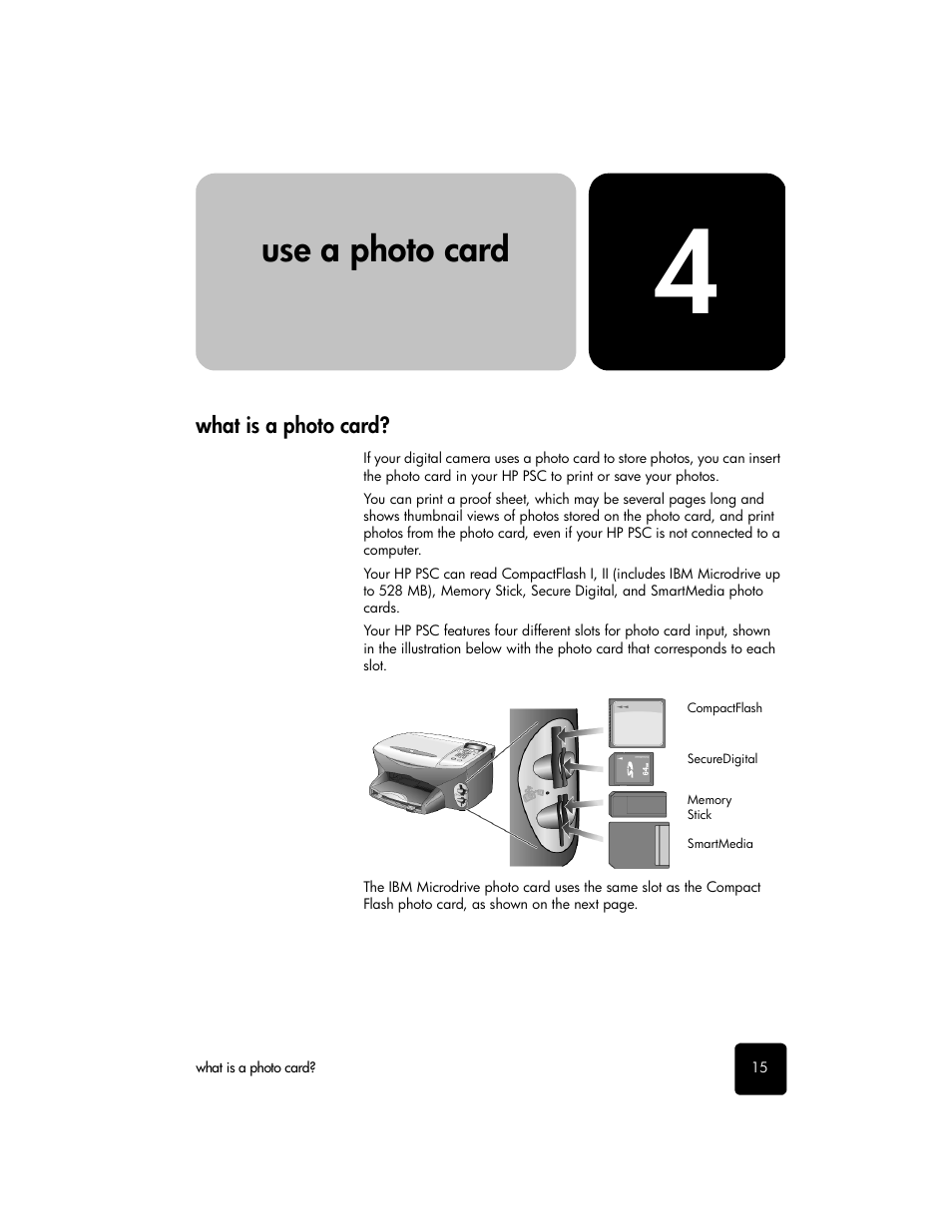 Use a photo card, What is a photo card | HP PSC 2210xi All-in-One Printer User Manual | Page 21 / 96