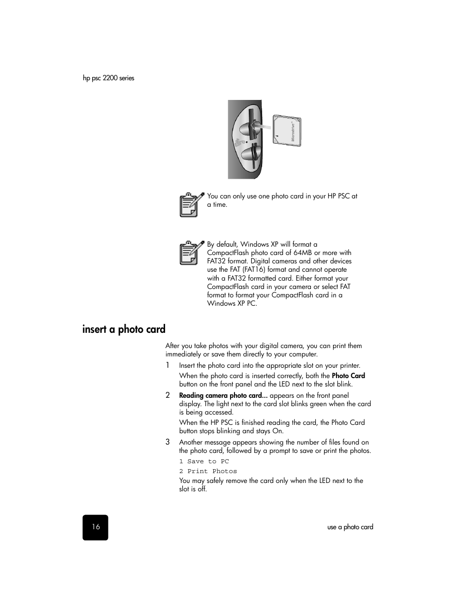 Insert a photo card | HP PSC 2210xi All-in-One Printer User Manual | Page 22 / 96