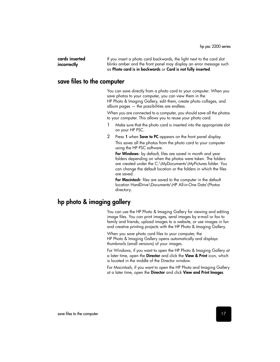 Cards inserted incorrectly, Save files to the computer, Hp photo & imaging gallery | HP PSC 2210xi All-in-One Printer User Manual | Page 23 / 96