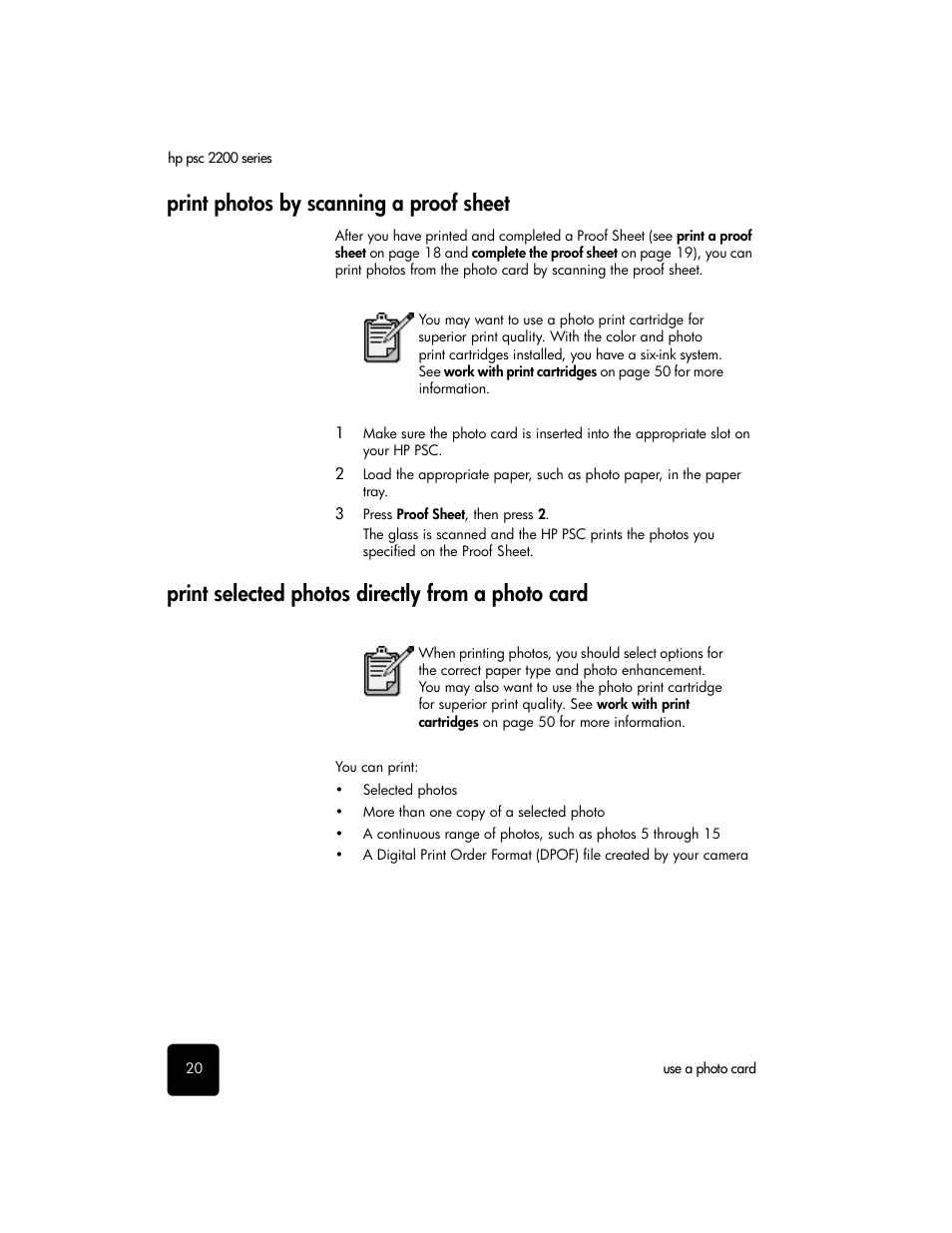 Print photos by scanning a proof sheet, Print selected photos directly from a photo card | HP PSC 2210xi All-in-One Printer User Manual | Page 26 / 96