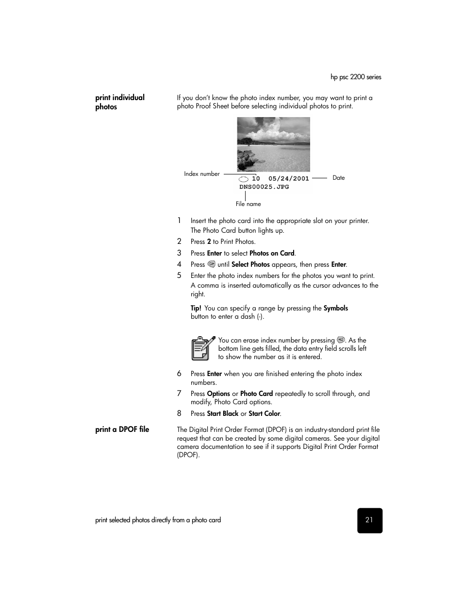 Print individual photos, Print a dpof file | HP PSC 2210xi All-in-One Printer User Manual | Page 27 / 96